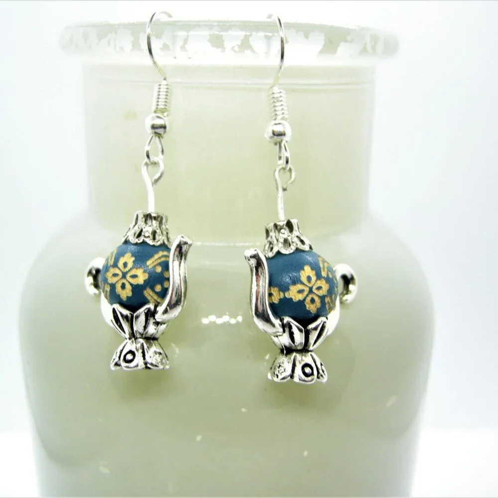 Handcrafted Teapot Earrings Dark Blue with Sterling Silver Hooks - Picture 3 of 7